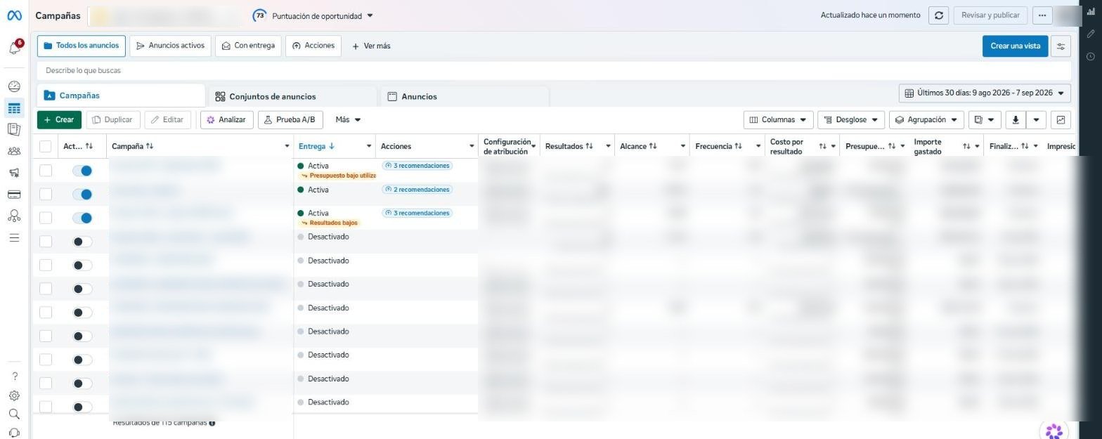 Administrador de anuncios de Meta con campañas de un cliente